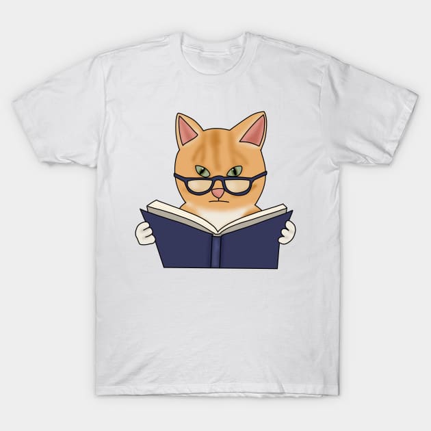 Cat in glasses reading book (fluffy orange cat) T-Shirt by Becky-Marie